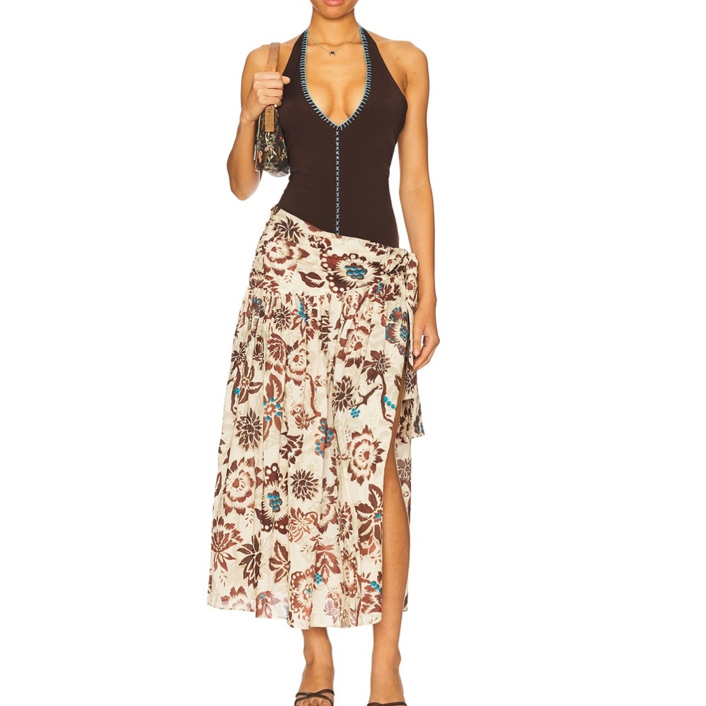 SIEDRES Asymmetrical Skirt - Cream and Brown Floral